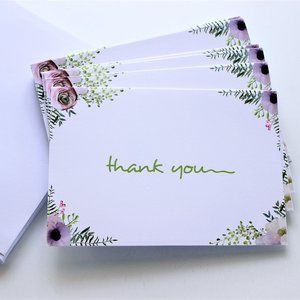 White Thank You cards with envelope purple flowers